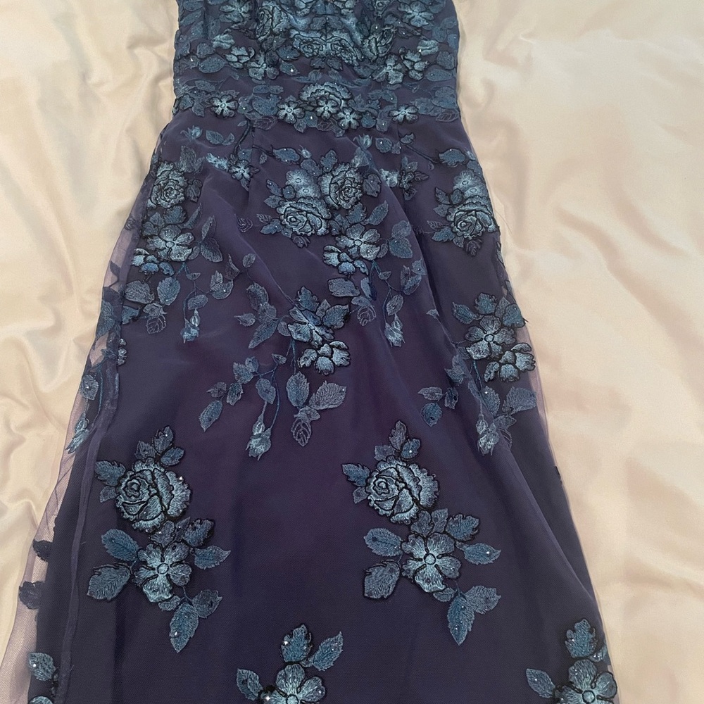 Marchesa Deep Navy Floral Embroidered Midi Dress